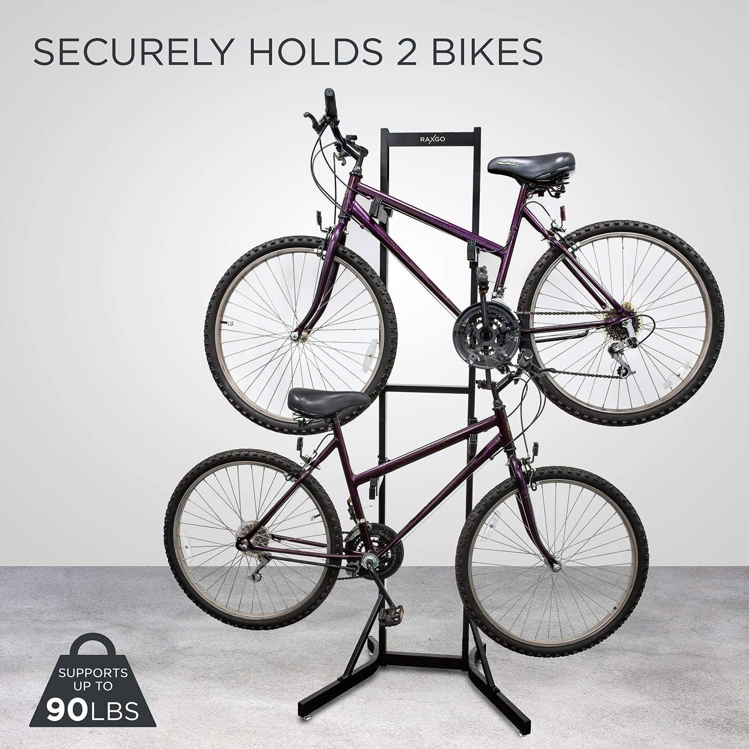 RaxGo Bike Storage Rack, 2 Bicycle Garage Stand, Adjustable, Freestanding, Adjustable Hooks Universal for Indoor Use - Image 2