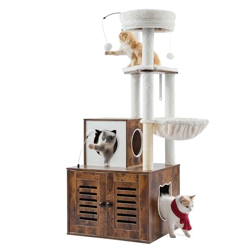 VEVOR Large Cat Tree with Litter Box Enclosure, 55.12 inches Tall, 2-in-1 Cat Tower, Multi-Level Cat Condo Furniture with Perches, Sisal Scratching Posts, Hammock, Big Kittens House for Indoor Cats - Image 10