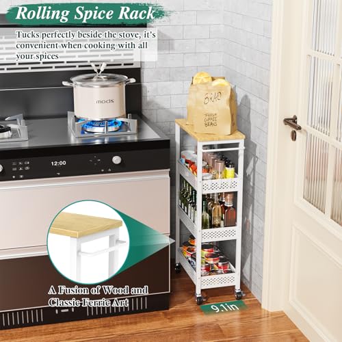 Utility Slim Storage Cart, 4 Tier Small Rolling Kitchen Laundry Room Cart with Wood Top, Metal Narrow Bathroom Storage Cabinet Mobile Shelf Unit Organizer Trolley with Handle for Narrow Space - Image 31
