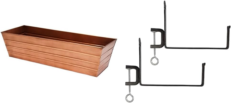 ACHLA DESIGNS Copper Plated Large Flower Box with Black Railing Clamp Brackets, 35.5 Window Box Planter