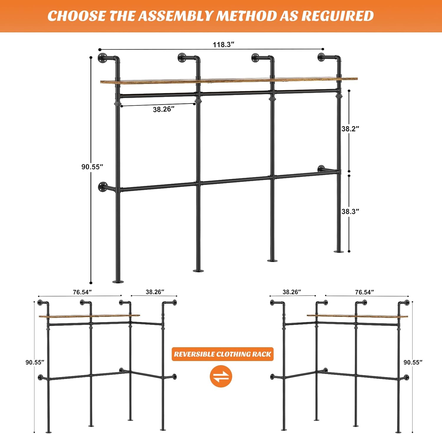 Aheaplus Industrial Pipe Clothing Rack, Reversible 79.7” Clothes Rack for Hanging Clothes, Heavy Duty Garment Racks Closet Wardrobe with LED Lights& Shelves, Walk-in Closet System, Black - Image 26