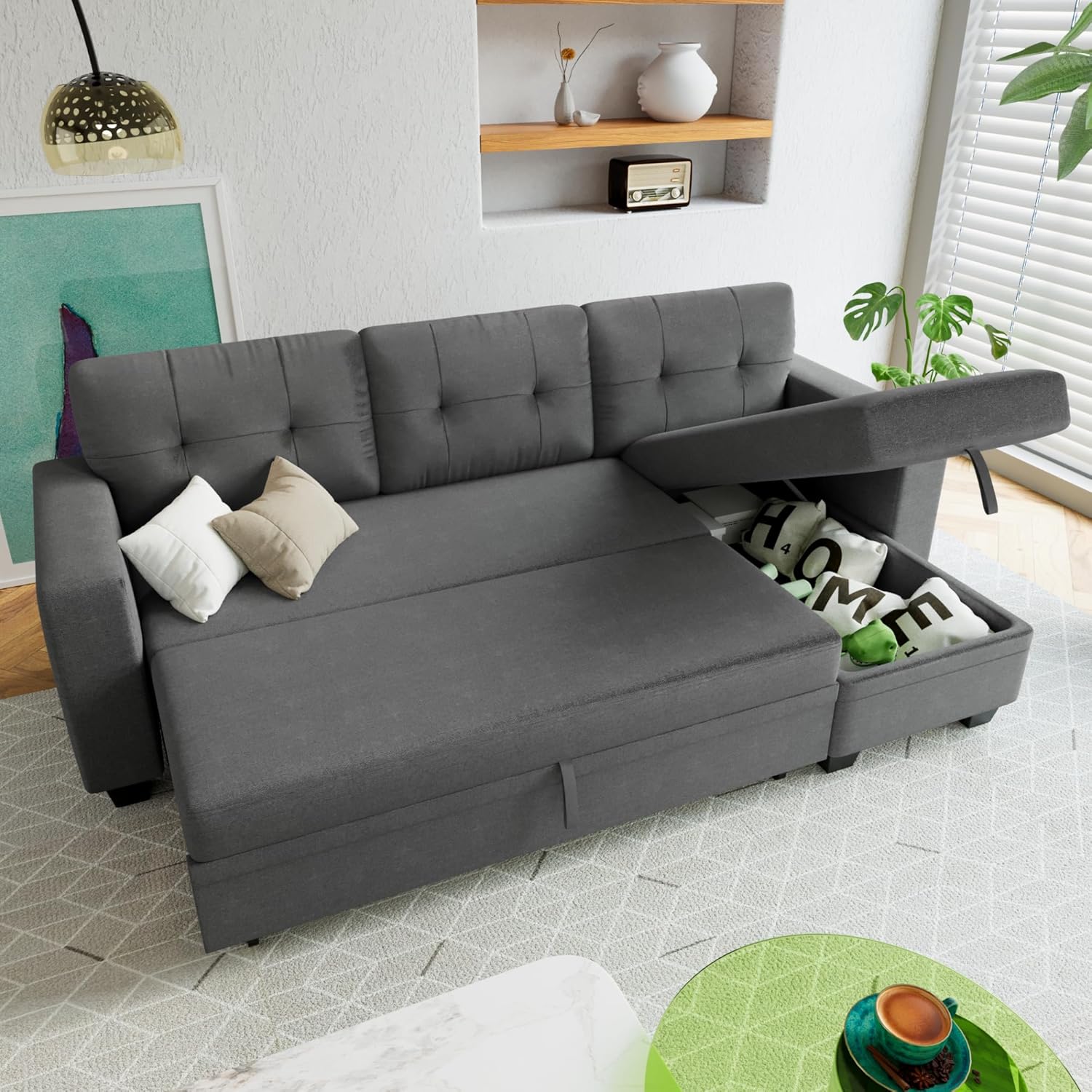 Sleeper Sofa Pull Out Couch with Storage Chaise Lounge Convertible Sectional Sofa L-Shape Modern Fabric Sofa Bed for Living Room, Apartment, Small Spaces, Dark Gray - Image 7