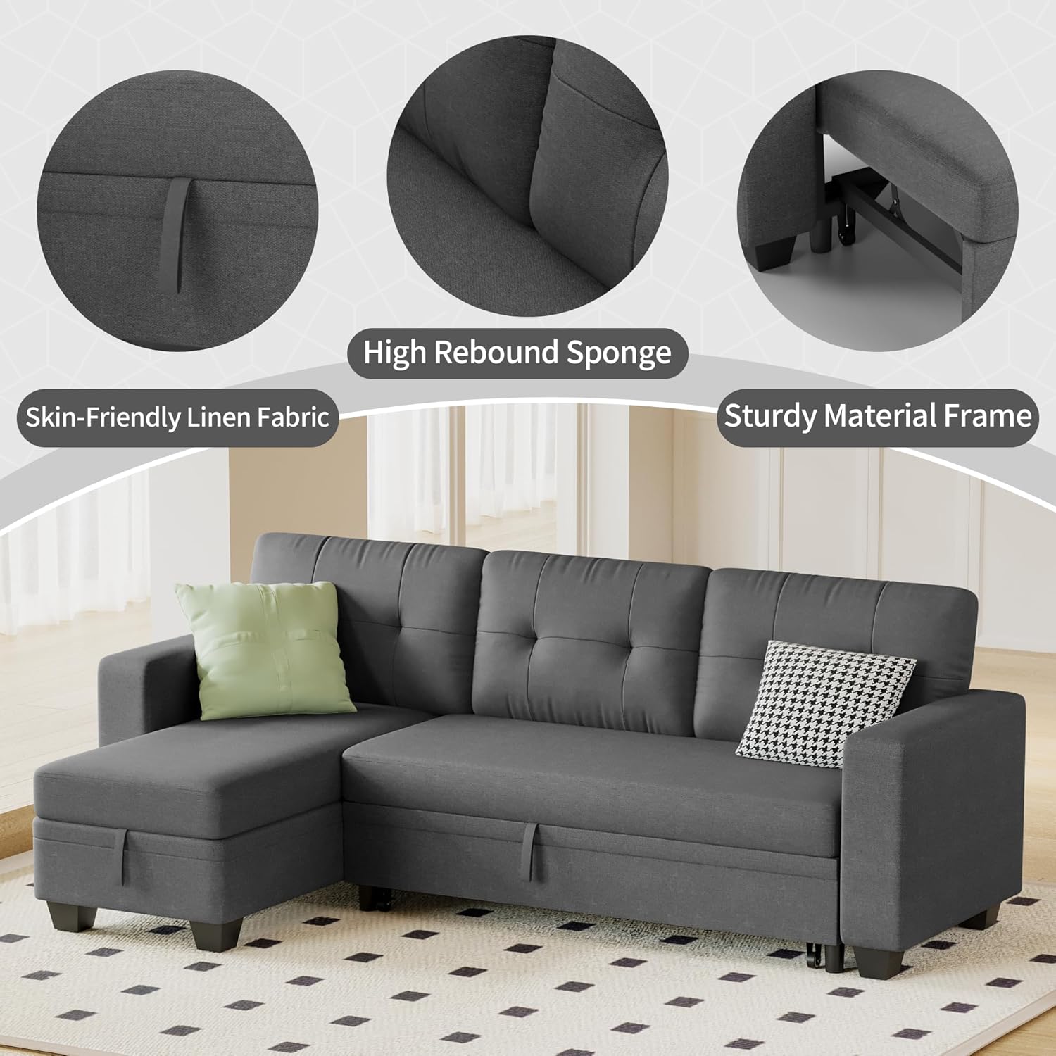 Sleeper Sofa Pull Out Couch with Storage Chaise Lounge Convertible Sectional Sofa L-Shape Modern Fabric Sofa Bed for Living Room, Apartment, Small Spaces, Dark Gray - Image 4