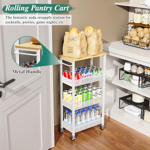 Utility Slim Storage Cart, 4 Tier Small Rolling Kitchen Laundry Room Cart with Wood Top, Metal Narrow Bathroom Storage Cabinet Mobile Shelf Unit Organizer Trolley with Handle for Narrow Space - Image 34