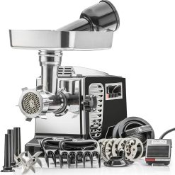 STX Turboforce IIPlatinum w/Foot Pedal Heavy Duty Electric Meat Grinder & Sausage Stuffer: 6 Grinding Plates, 3 S/S Blades, 3 Sausage Tubes, Kubbe, 2 Meat Claws, Burger-Slider Patty Maker – White
