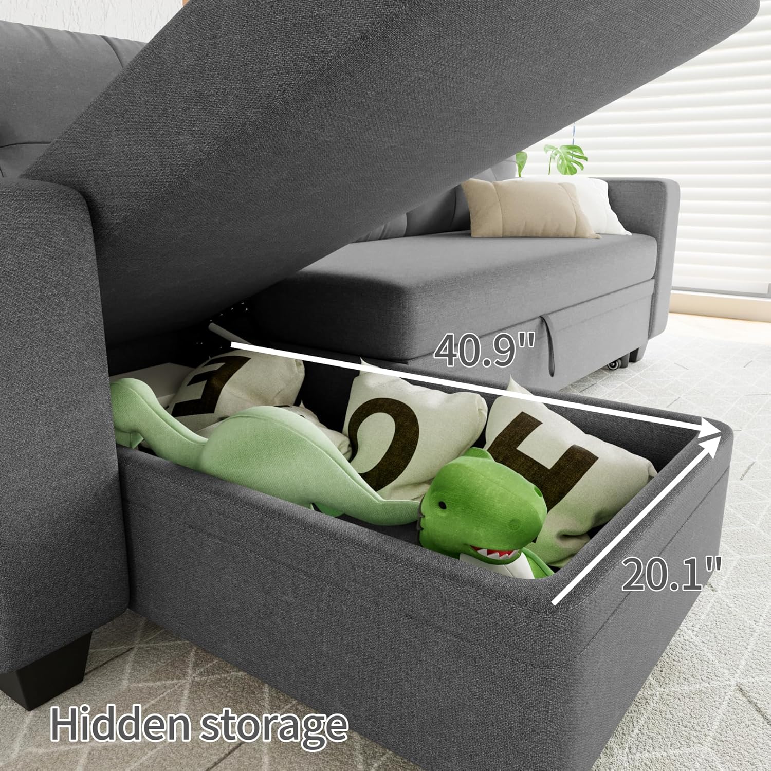 Sleeper Sofa Pull Out Couch with Storage Chaise Lounge Convertible Sectional Sofa L-Shape Modern Fabric Sofa Bed for Living Room, Apartment, Small Spaces, Dark Gray - Image 3