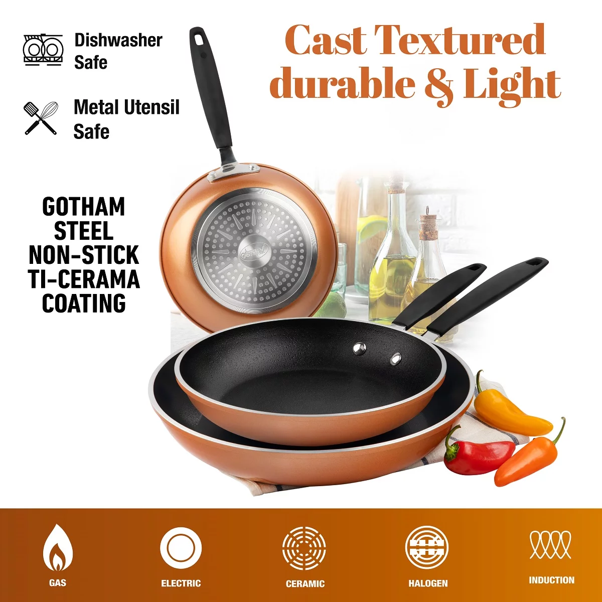Gotham Steel Diamond 3-Piece Copper Cast Frying Pan Set, Nonstick Cookware - Image 4