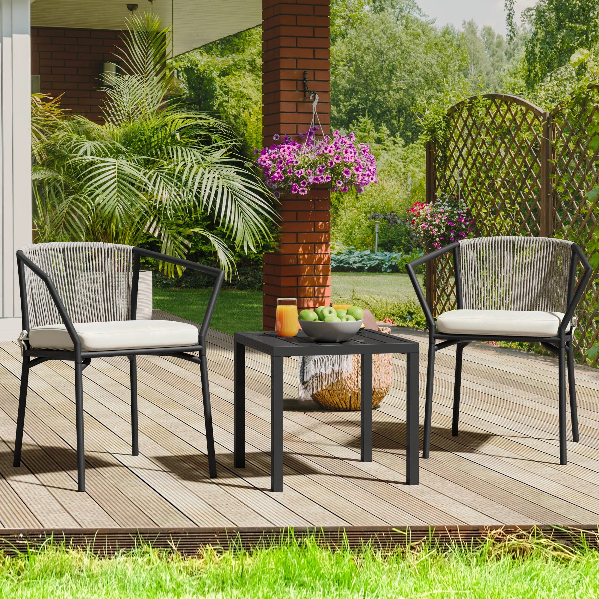 Dextrus 3-Piece Patio Conversation Bistro Set, Outdoor Wicker Dining Table Chairs Set, With 2 Stackable Chairs, Cushions, Side Table – White - Image 8