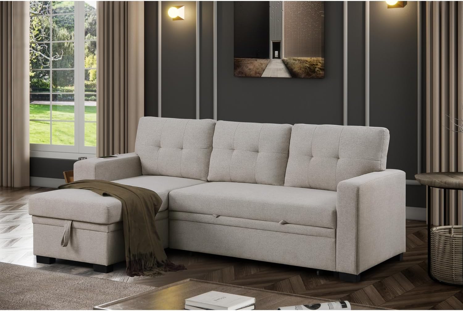 Devion Furniture 92 W Modern L-Shaped Polyester Fabric Upholstered Reversible Side Compartment Sleeper Sectional Sofa Bed with Chaise in Light Gray Finish - Image 6