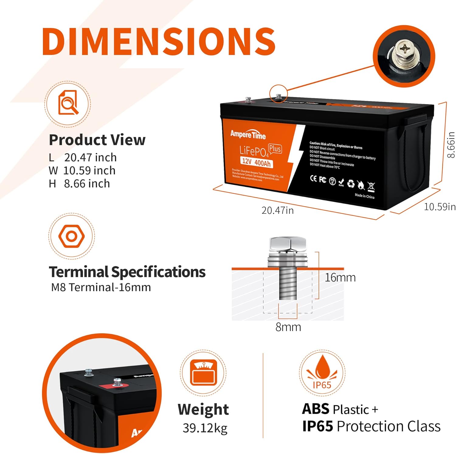 Ampere Time 12V 400Ah Deep Cycle LiFePO4 Battery Pack, with Built-in 250A BMS, Longer Runtime with 5.12kWh, 4000+ Cycle, Perfect for Solar System, RV, Backup Power, Off-Grid and Marine Applications. Pack of 2 - Image 4