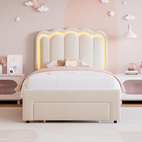 Twin Upholstered LED Bed Frame with Storage Drawer and Adjustable Chic Double Wavy Headboard, Velvet Princess Platform Bed for Kids/Girls, Solid Wood Slats Support, No Box Spring Needed, Beige - Image 76