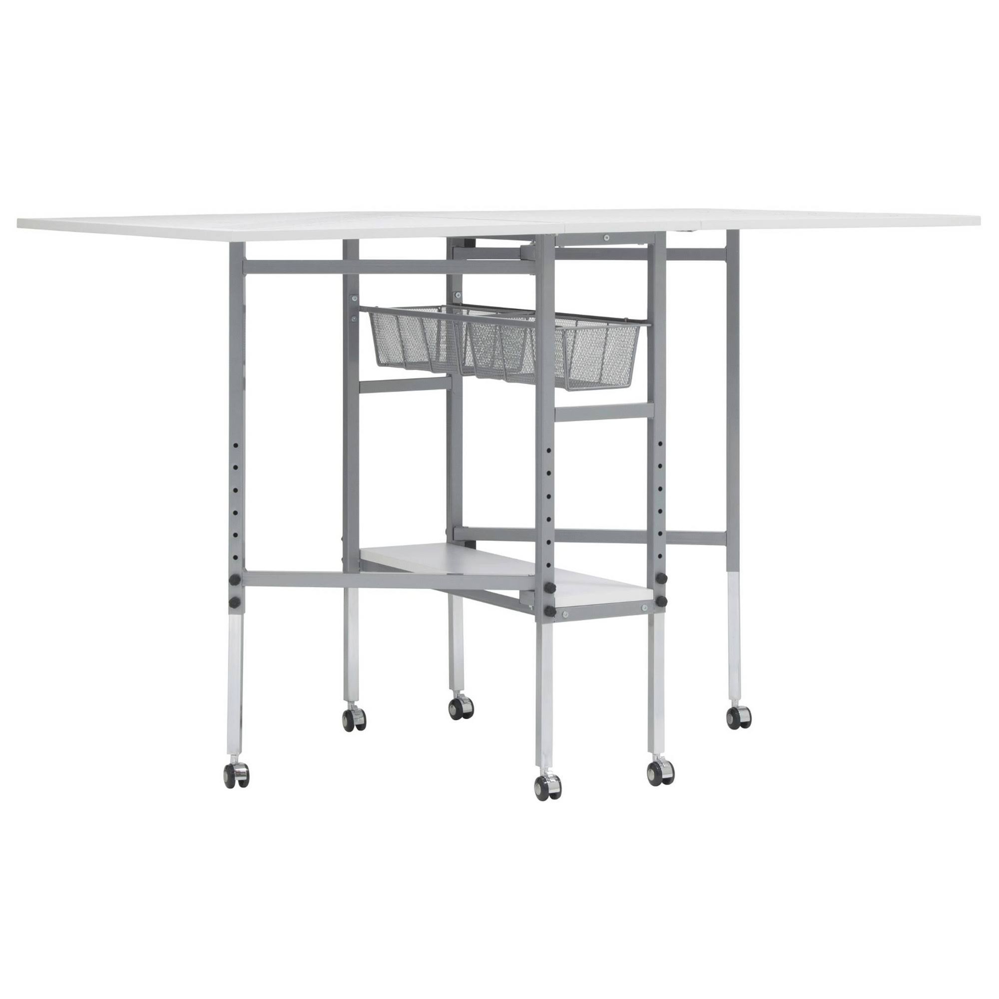 Sew Ready Mobile Folding Height Adjustable Quilting Fabric Cutting Table with Sewing Board Grid and Storage in Silver/White Top - Image 2