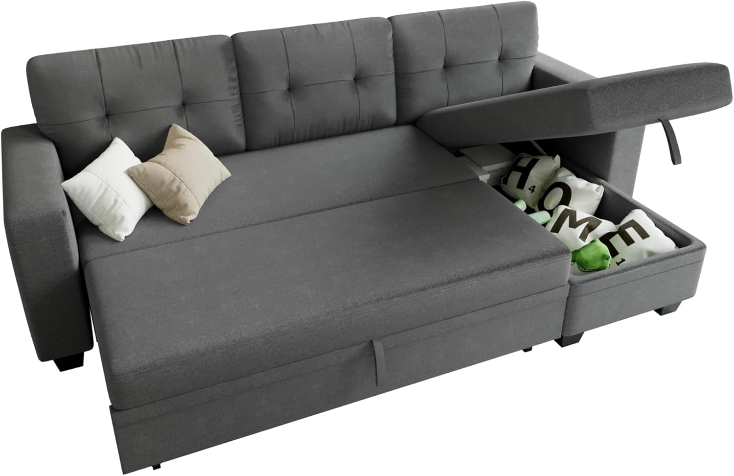 Sleeper Sofa Pull Out Couch with Storage Chaise Lounge Convertible Sectional Sofa L-Shape Modern Fabric Sofa Bed for Living Room, Apartment, Small Spaces, Dark Gray - Image 8