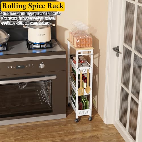 Utility Slim Storage Cart, 4 Tier Small Rolling Kitchen Laundry Room Cart with Wood Top, Metal Narrow Bathroom Storage Cabinet Mobile Shelf Unit Organizer Trolley with Handle for Narrow Space - Image 9
