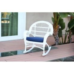 Wicker Rocker Chair with Cushions Finish: White, Fabric: Blue