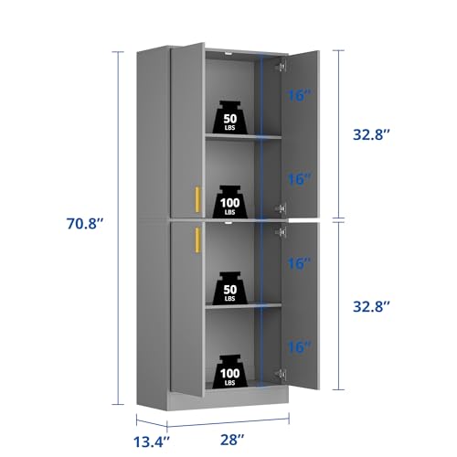 Cozy Castle Kitchen Pantry Cabinet, 71 Tall Wood Storage Cabinet with Doors and Shelves 4 Doors Freestanding Cupboard Utility Hutch for Dining Room Living Room Bathroom Furniture, Gray - Image 35