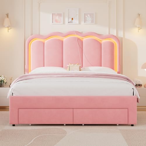 Twin Upholstered LED Bed Frame with Storage Drawer and Adjustable Chic Double Wavy Headboard, Velvet Princess Platform Bed for Kids/Girls, Solid Wood Slats Support, No Box Spring Needed, Beige - Image 31