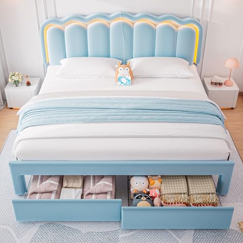 Twin Upholstered LED Bed Frame with Storage Drawer and Adjustable Chic Double Wavy Headboard, Velvet Princess Platform Bed for Kids/Girls, Solid Wood Slats Support, No Box Spring Needed, Beige - Image 12