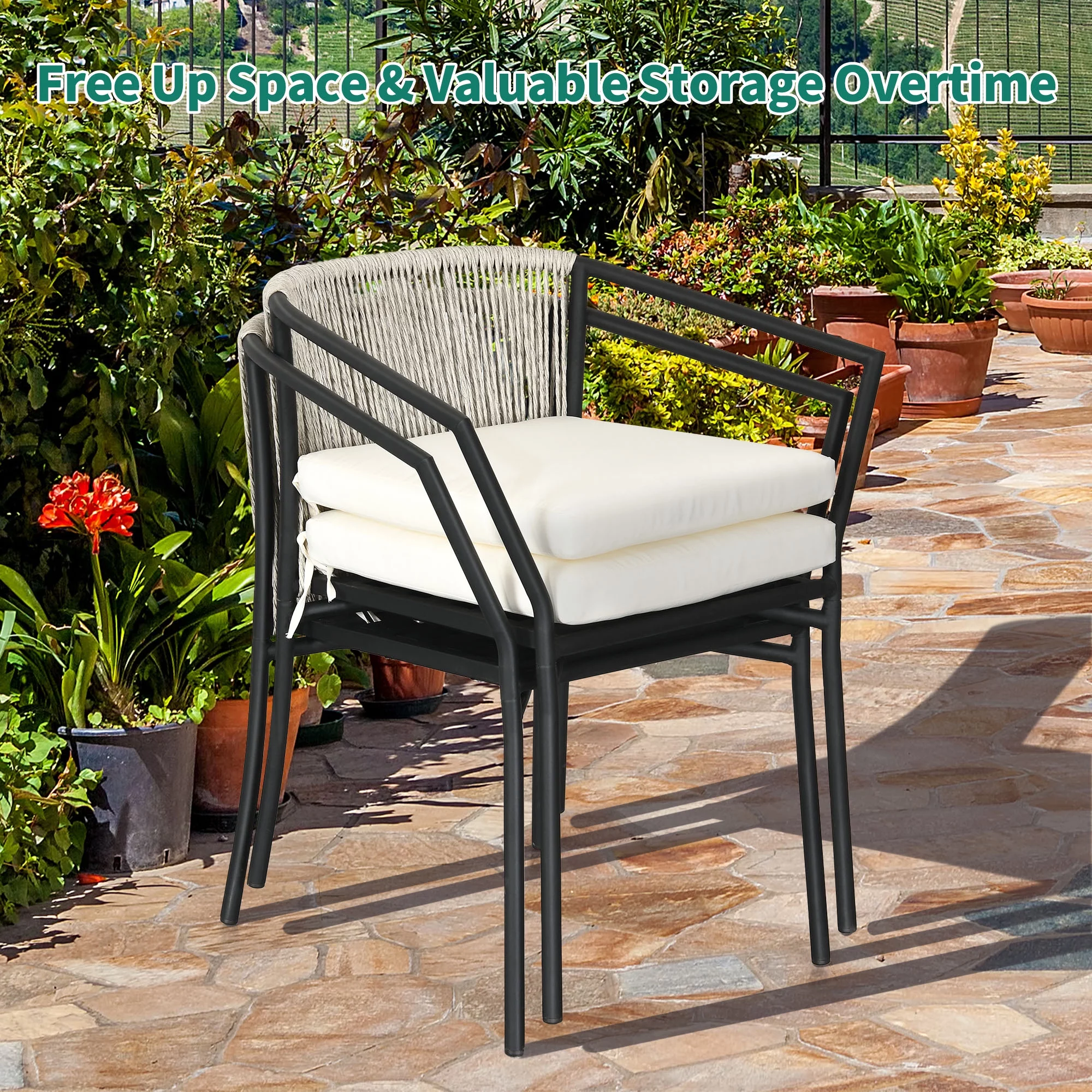 Dextrus 3-Piece Patio Conversation Bistro Set, Outdoor Wicker Dining Table Chairs Set, With 2 Stackable Chairs, Cushions, Side Table – White - Image 7