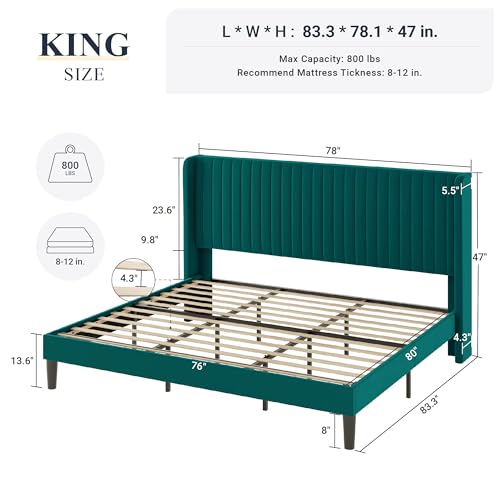 Allewie Queen Size Velvet Bed Frame/Vertical Channel Tufted Wingback Headboard/Upholstered Platform Bed/Strong Wooden Slats/No Box Spring Needed/Easy Assembly/Black - Image 21