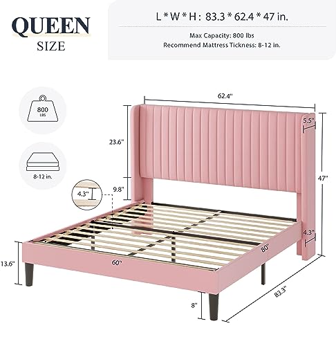 Allewie Queen Size Velvet Bed Frame/Vertical Channel Tufted Wingback Headboard/Upholstered Platform Bed/Strong Wooden Slats/No Box Spring Needed/Easy Assembly/Black - Image 40