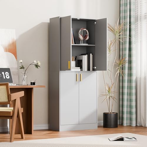 Cozy Castle Kitchen Pantry Cabinet, 71 Tall Wood Storage Cabinet with Doors and Shelves 4 Doors Freestanding Cupboard Utility Hutch for Dining Room Living Room Bathroom Furniture, Gray - Image 37
