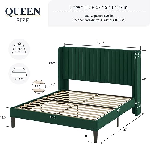 Allewie Queen Size Velvet Bed Frame/Vertical Channel Tufted Wingback Headboard/Upholstered Platform Bed/Strong Wooden Slats/No Box Spring Needed/Easy Assembly/Black - Image 3