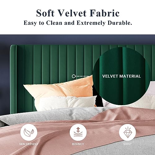 Allewie Queen Size Velvet Bed Frame/Vertical Channel Tufted Wingback Headboard/Upholstered Platform Bed/Strong Wooden Slats/No Box Spring Needed/Easy Assembly/Black - Image 7