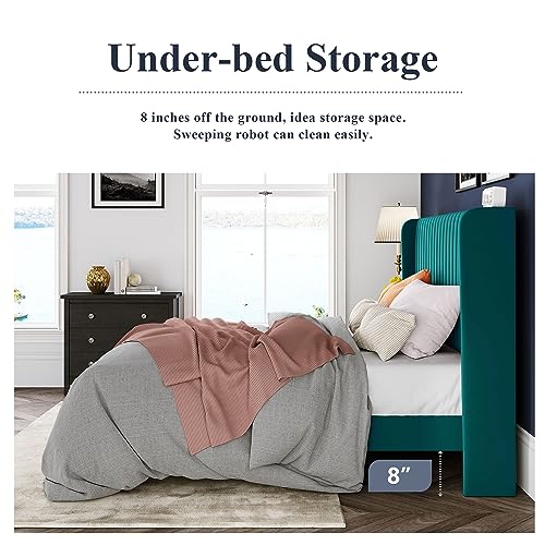 Allewie Queen Size Velvet Bed Frame/Vertical Channel Tufted Wingback Headboard/Upholstered Platform Bed/Strong Wooden Slats/No Box Spring Needed/Easy Assembly/Black - Image 26