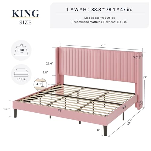 Allewie Queen Size Velvet Bed Frame/Vertical Channel Tufted Wingback Headboard/Upholstered Platform Bed/Strong Wooden Slats/No Box Spring Needed/Easy Assembly/Black - Image 55