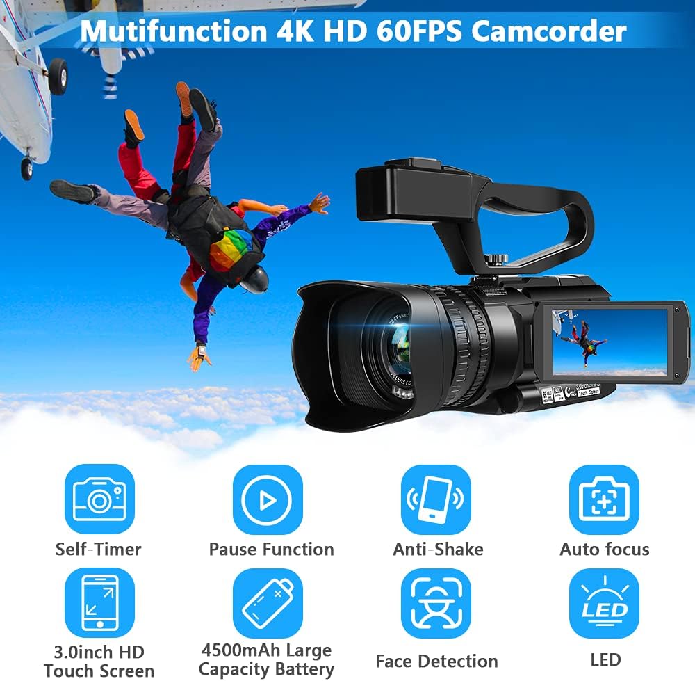 Video Camera 4K HD Auto Focus Camcorder 48MP 60FPS 30X Digital Zoom Camera for YouTube LED Function 4500mAh Battery with Handheld Stabilizer, Remote Control,Microphone and 64G SD Card - Image 2