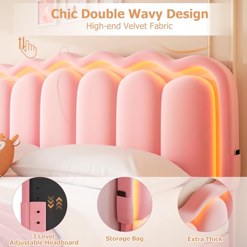 Twin Upholstered LED Bed Frame with Storage Drawer and Adjustable Chic Double Wavy Headboard, Velvet Princess Platform Bed for Kids/Girls, Solid Wood Slats Support, No Box Spring Needed, Beige - Image 37