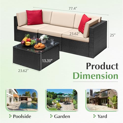 Devoko Patio Furniture Sets 6 Pieces Outdoor Sectional Rattan Sofa Manual Weaving Wicker Patio Conversation Set with Glass Table and Cushion (Beige) - Image 5