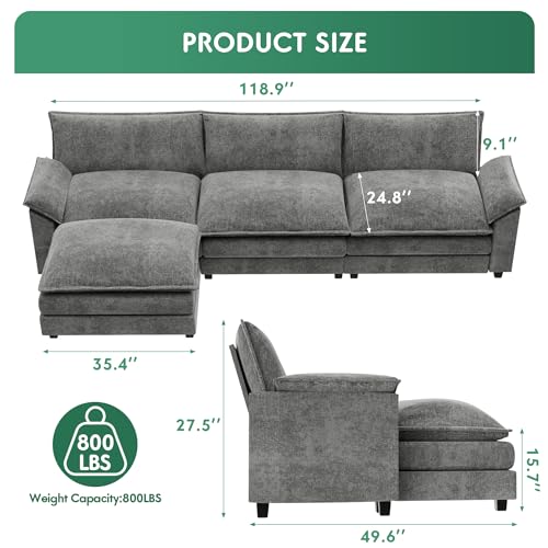 YESHOMY Sectional Modular Sofa U Shaped Chenille Fabric Couch with High Supportive & Soft Sponges and Removable Ottoman, Sleeper Comfy Upholstered Furniture for Living Room, Grey - Image 40