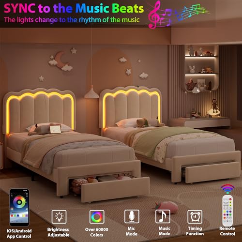Twin Upholstered LED Bed Frame with Storage Drawer and Adjustable Chic Double Wavy Headboard, Velvet Princess Platform Bed for Kids/Girls, Solid Wood Slats Support, No Box Spring Needed, Beige - Image 73