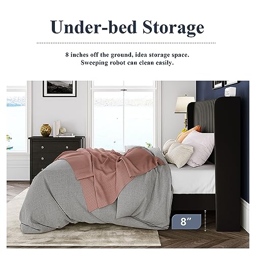Allewie Queen Size Velvet Bed Frame/Vertical Channel Tufted Wingback Headboard/Upholstered Platform Bed/Strong Wooden Slats/No Box Spring Needed/Easy Assembly/Black - Image 77