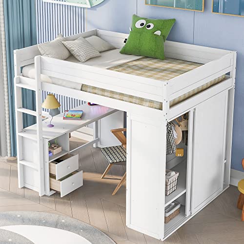 Full Size Loft Bed, Multi-Functional Solid Wood Loft Bed with Wardrobes and 2-Drawer Desk and Storage Cabinet, Modern Full Bed Frame with Built-in Ladder and Safety Guardrails,White - Image 3