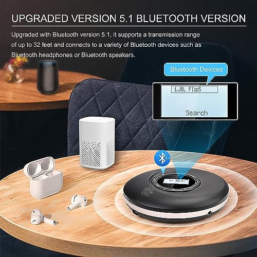 Portable CD Player with Bluetooth, CD Player Portable with Dual Speakers and Anti Shock Skip Protection Rechargeable CD Player Bluetooth for Car with LCD Display Headphone AUX Cable Walkman CD Player - Image 3