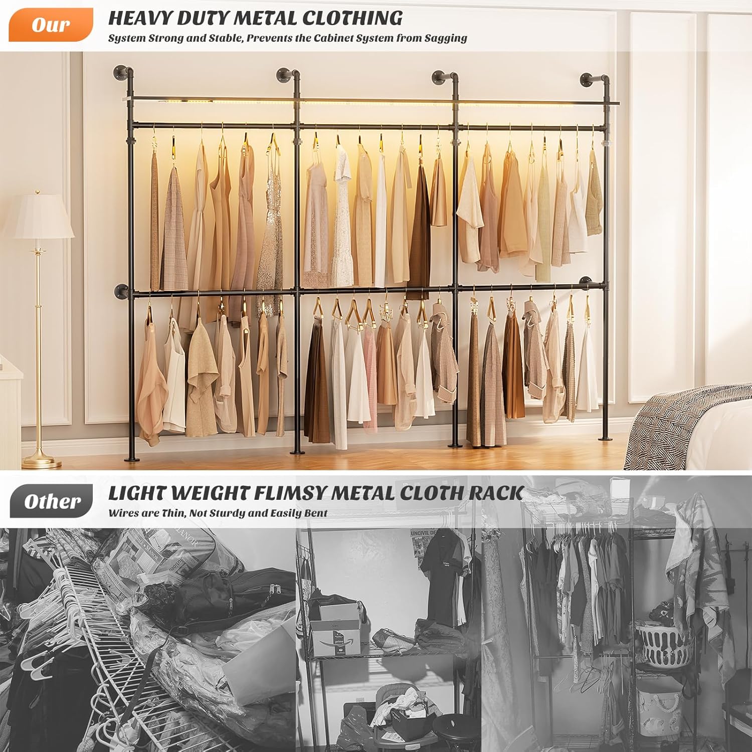 Aheaplus Industrial Pipe Clothing Rack, Reversible 79.7” Clothes Rack for Hanging Clothes, Heavy Duty Garment Racks Closet Wardrobe with LED Lights& Shelves, Walk-in Closet System, Black - Image 8