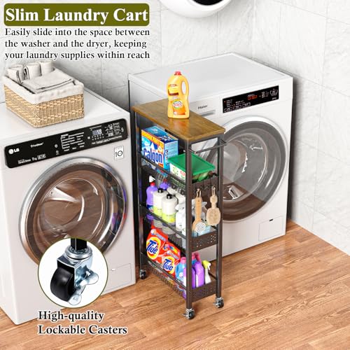 Utility Slim Storage Cart, 4 Tier Small Rolling Kitchen Laundry Room Cart with Wood Top, Metal Narrow Bathroom Storage Cabinet Mobile Shelf Unit Organizer Trolley with Handle for Narrow Space - Image 21