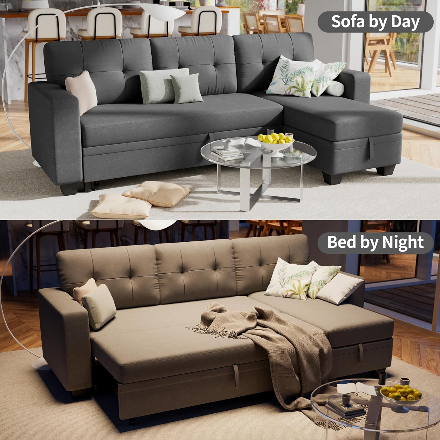 Sleeper Sofa Pull Out Couch with Storage Chaise Lounge Convertible Sectional Sofa L-Shape Modern Fabric Sofa Bed for Living Room, Apartment, Small Spaces, Dark Gray - Image 5