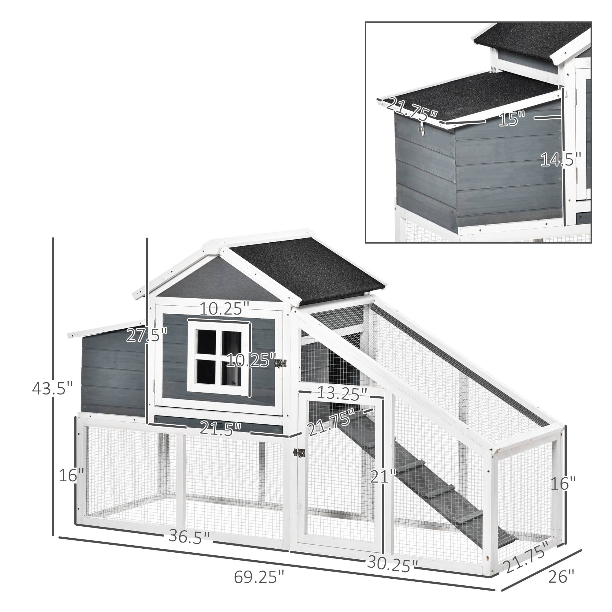 PawHut 69×22 Outdoor Wooden Chicken Coop Hen House with Nesting Box and Run – White - Image 3