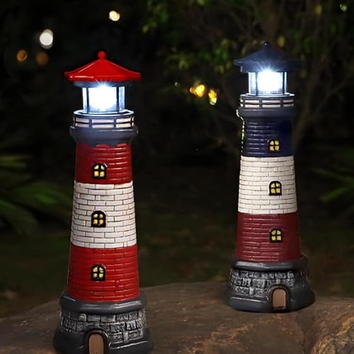 Garden Outdoor Statues, Waterproof Lighthouse Lights Lawn Decor; Automatic Rotating Solar Lights for Yard, Patio, Ground, Tabletop Decoration; Unique Housewarming Gifts – Red - Image 2