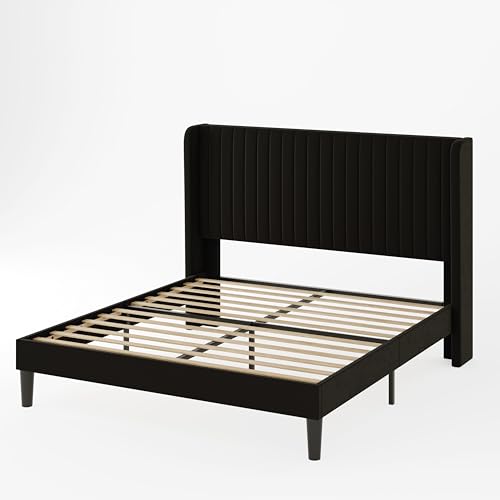 Allewie Queen Size Velvet Bed Frame/Vertical Channel Tufted Wingback Headboard/Upholstered Platform Bed/Strong Wooden Slats/No Box Spring Needed/Easy Assembly/Black - Image 79