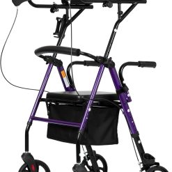ELENKER Upright Walker, Stand Up Rollator Walker with Padded Seat and Backrest, Compact Folding, Fully Adjustment Frame for Seniors, Purple