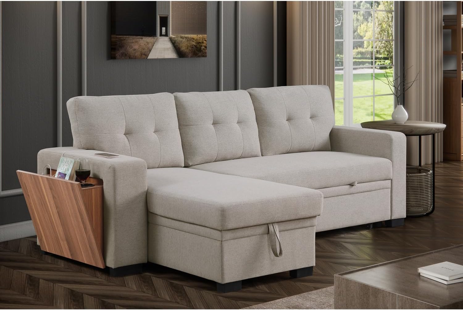 Devion Furniture 92 W Modern L-Shaped Polyester Fabric Upholstered Reversible Side Compartment Sleeper Sectional Sofa Bed with Chaise in Light Gray Finish - Image 7