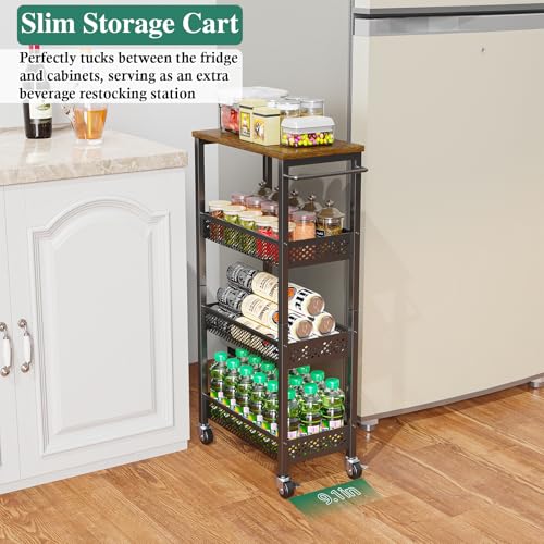 Utility Slim Storage Cart, 4 Tier Small Rolling Kitchen Laundry Room Cart with Wood Top, Metal Narrow Bathroom Storage Cabinet Mobile Shelf Unit Organizer Trolley with Handle for Narrow Space - Image 16