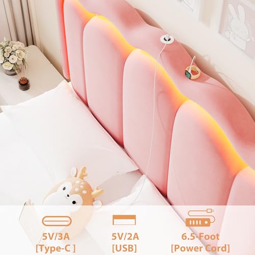Twin Upholstered LED Bed Frame with Storage Drawer and Adjustable Chic Double Wavy Headboard, Velvet Princess Platform Bed for Kids/Girls, Solid Wood Slats Support, No Box Spring Needed, Beige - Image 30