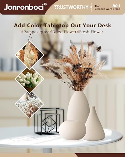 Ceramic Vase Set, Vases Home Decor,3 pc Boho Decor for Shelf & Centerpiece Table Decorations for Entryway Table, Dining Table or Mantle Fireplace Bookshelf Decor (Matte White) - Image 2