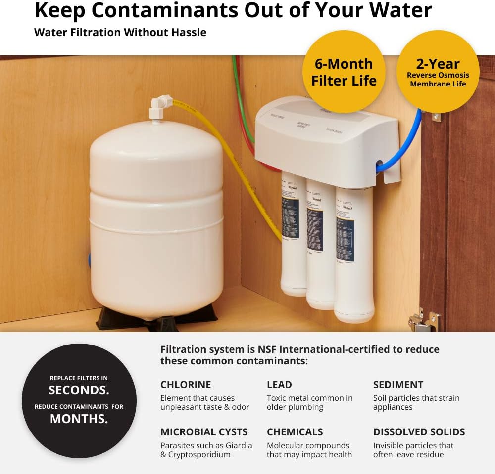 Whirlpool WHER25 Reverse Osmosis (RO) Filtration System With Chrome Faucet | Extra Long Life | Easy To Replace UltraEase Filter Cartridges, White - Image 2